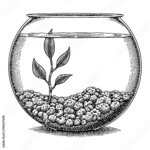 Small Plant Inside Round Aquarium Black and White Outline Line Art Drawing Illustration