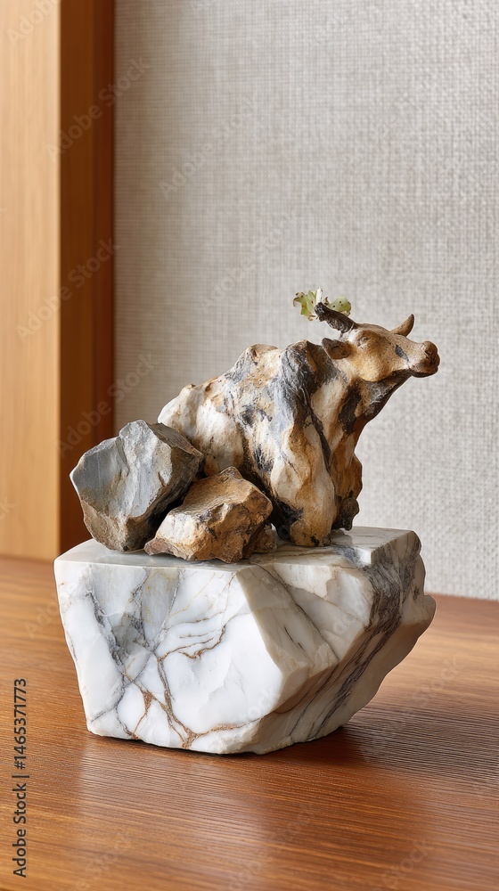 Abstract bison sculpture featuring a rough texture and white glaze, displayed on wooden surface in studio with natural lighting