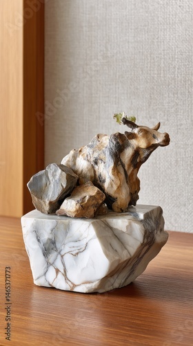 Obraz na płótnie Abstract bison sculpture featuring a rough texture and white glaze, displayed on wooden surface in studio with natural lighting w salonie