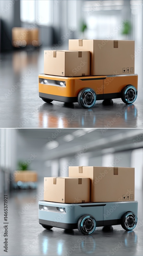 Two cute robotic delivery vehicles on wheels carry cardboard boxes in a sleek, empty room designed for efficiency and technology.