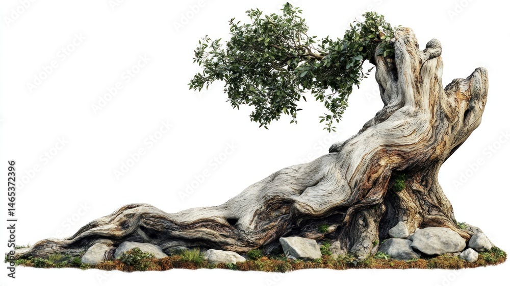 Obraz premium Aged, gnarled bonsai tree trunk, with rocky base and foliage