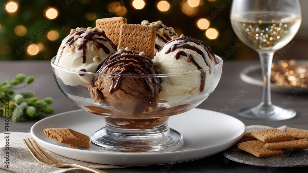 Delicious smores ice cream sundae featuring vanilla and chocolate scoops topped with graham crackers and fudge, perfect for dessert lovers