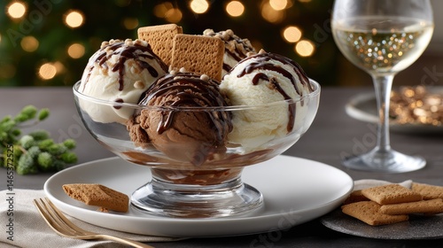 Delicious smores ice cream sundae featuring vanilla and chocolate scoops topped with graham crackers and fudge, perfect for dessert lovers