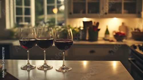 Three wine glasses on a kitchen counter at night.