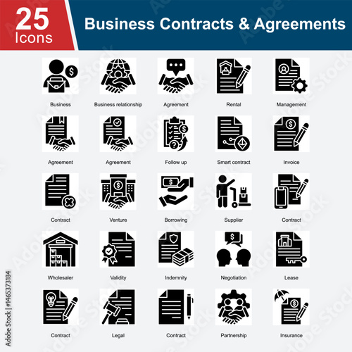 Business Contracts & Agreements is a collection of icons representing various business contracts, including rental agreements, partnership contracts, smart contracts, leases, supplier agreements.