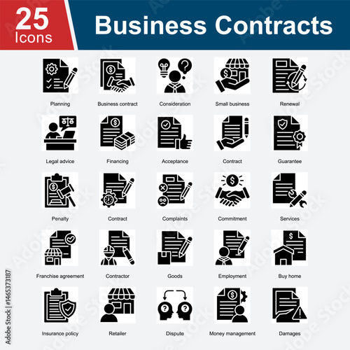 Business Contract is a collection of icons that represent various elements of business agreements, including contract terms, legal advice, financing, dispute resolution, penalties.