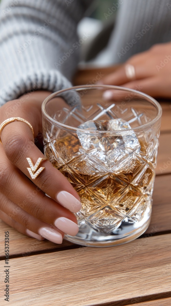 African American woman enjoys a glass of whiskey in a cozy setting, with a soft focus enhancing the warm atmosphere of the bar