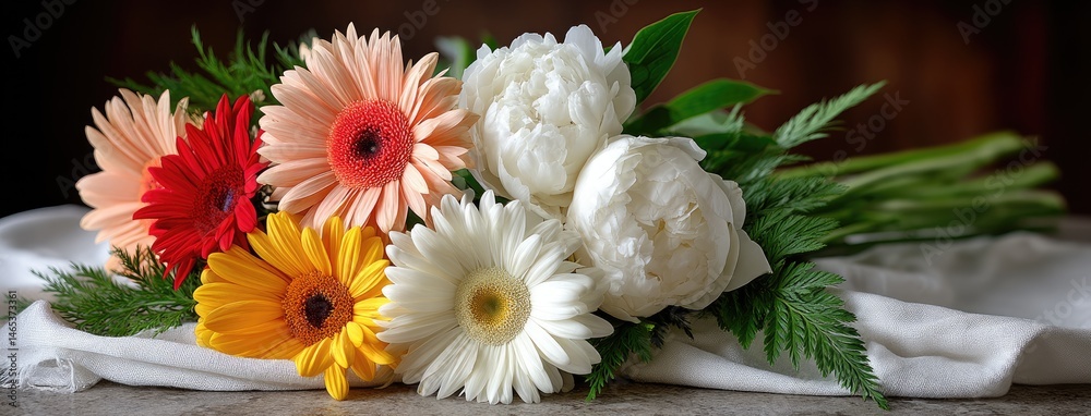 Colorful bouquet showcasing peonies, sweet peas, and tulips with butterflies and petals scattered against a dark backdrop
