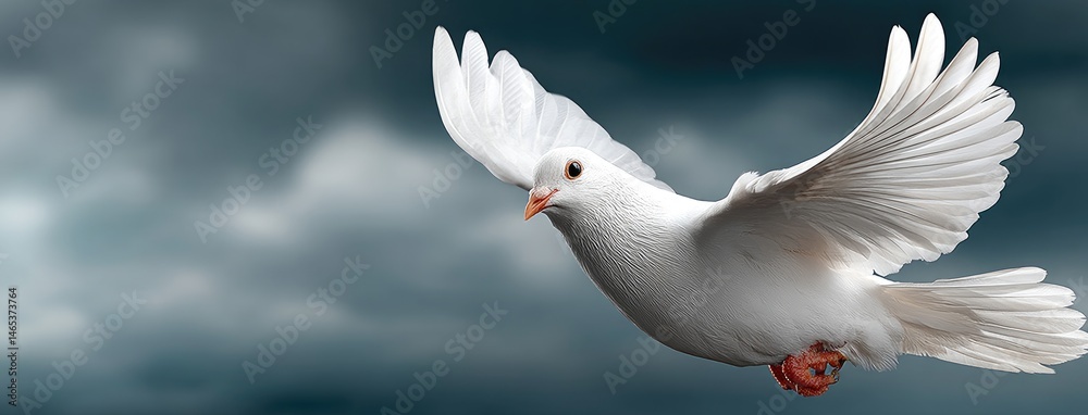 A white dove glides elegantly against a calming blue sky adorned with soft clouds, symbolizing peace and freedom