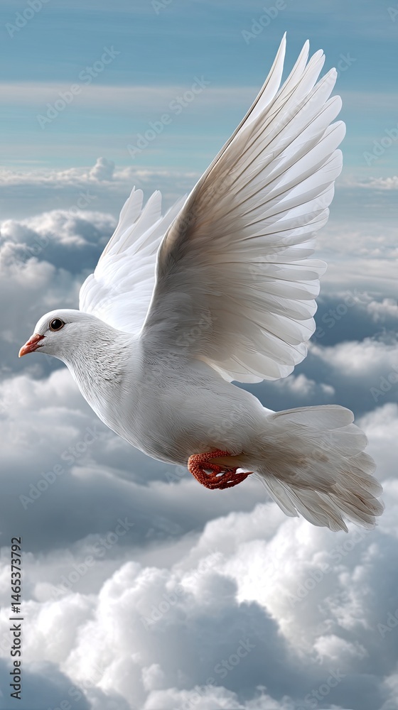 A white dove glides elegantly against a calming blue sky adorned with soft clouds, symbolizing peace and freedom