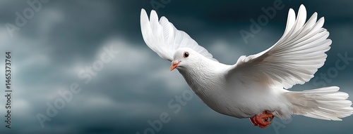 Obraz na płótnie A white dove glides elegantly against a calming blue sky adorned with soft clouds, symbolizing peace and freedom w salonie