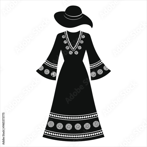 Stylish Black and White Women's Dress(1970s boho dress) and Hat Vector Silhouette/A stylish silhouette of a woman wearing a black maxi dress with decorative white floral embroidery and a wide-brimmed 
