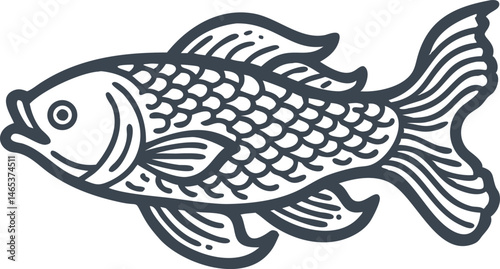 Traditional engraved illustration of a koi or trout fish with natural scales, flowing fins, and ripple lines in classic vintage style

