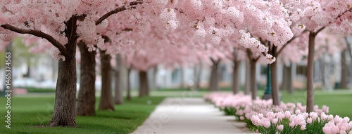 Beauty of cherry blossoms in full bloom creates a magical pathway lined with colorful plants and serene surroundings in springtime