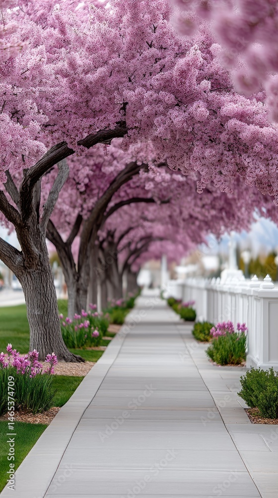 Soft pink cherry blossoms create a tranquil tunnel as petals fall gently on the ground, heralding the beauty of spring