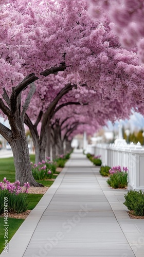 Obraz na płótnie Soft pink cherry blossoms create a tranquil tunnel as petals fall gently on the ground, heralding the beauty of spring w salonie