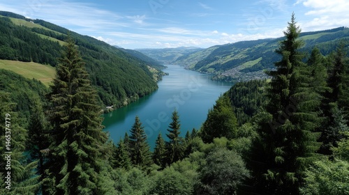 Obraz na płótnie Stunning views of the mountains, with vibrant greens and tranquil blue waters in clear detail w salonie