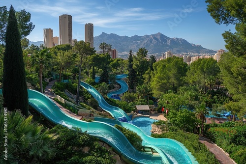 A photo of the waterslides at Aqualandia waterpark in Benidorm, Spain with blue water and colorful slide