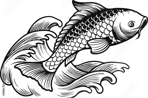 Traditional engraved illustration of a koi or trout fish with natural scales, flowing fins, and ripple lines in classic vintage style

