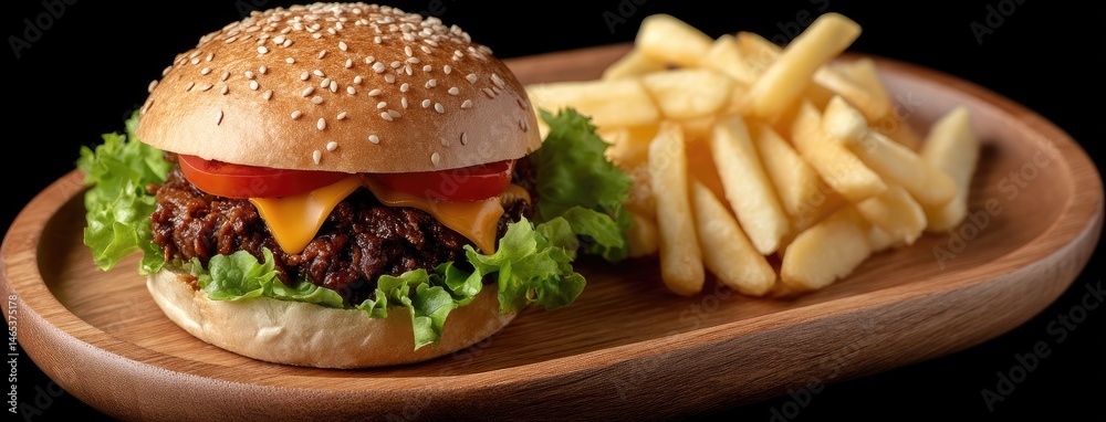 Mouthwatering cheeseburger topped with red onion and lettuce alongside crispy fries presented on a rustic wooden board