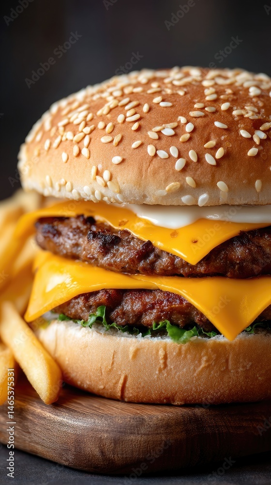 Beef patty burger with cheese, lettuce, and red onion rests on a wooden board alongside fries and sauce in a well-lit setting
