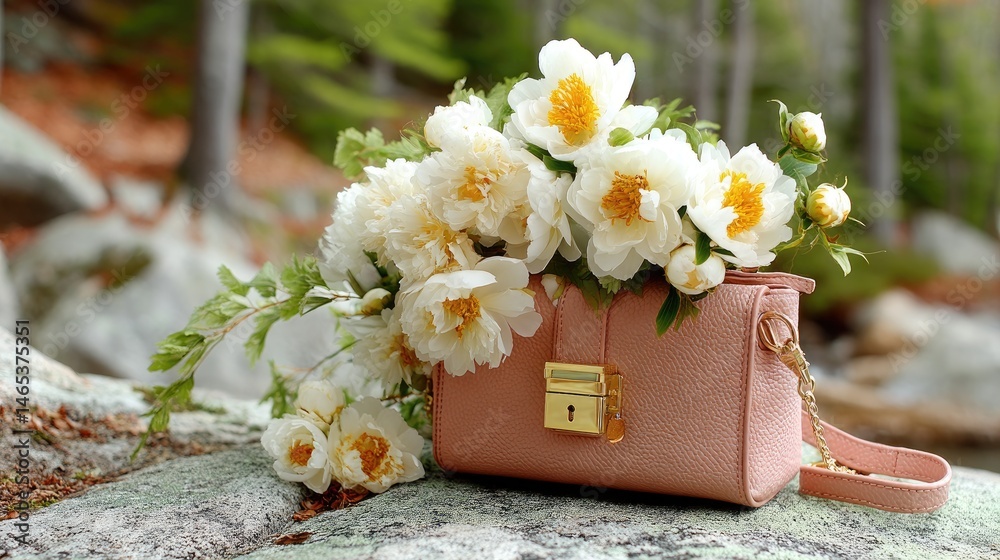 Pink handbag filled with white and yellow peonies placed outdoors beside fresh flowers and fruits showcases vibrant spring colors