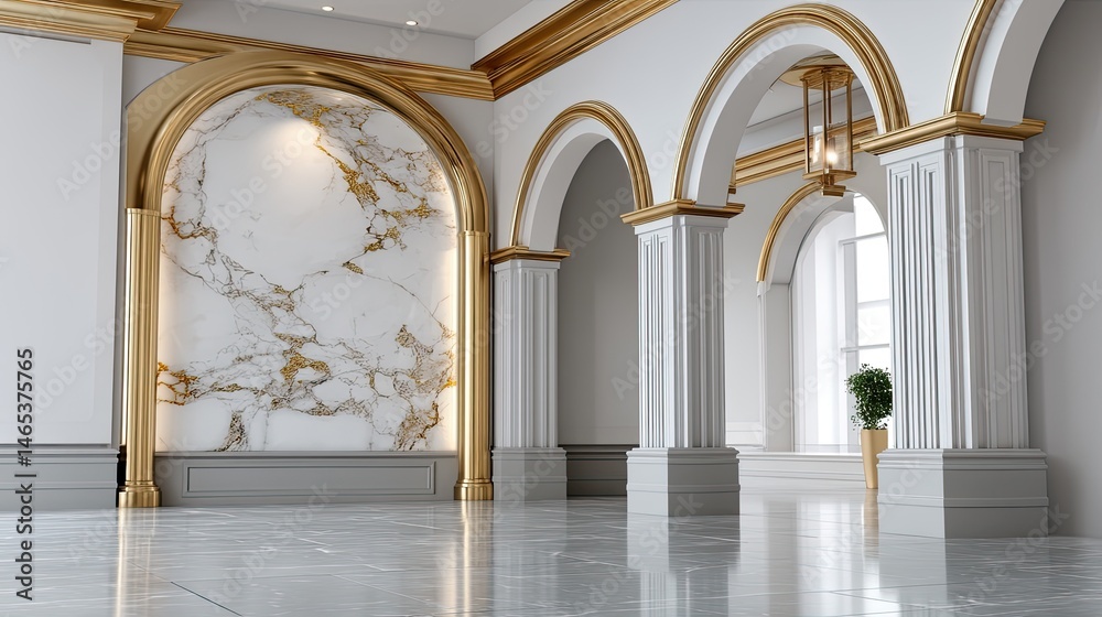 Stunning showcases a white marble wall with golden veins, large arches, and shiny columns in a serene interior space
