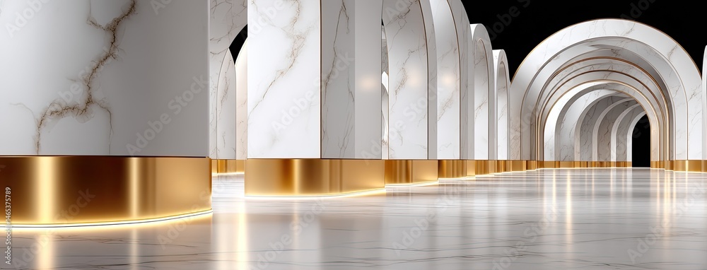 Stunning showcases a white marble wall with golden veins, large arches, and shiny columns in a serene interior space