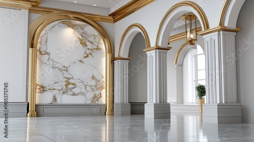 Stunning showcases a white marble wall with golden veins, large arches, and shiny columns in a serene interior space