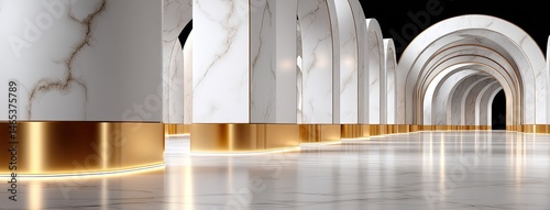 Obraz na płótnie Stunning showcases a white marble wall with golden veins, large arches, and shiny columns in a serene interior space w salonie