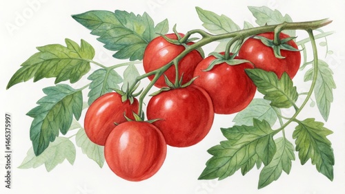 Watercolor Tomatoes on the Vine, Food Art , Botanical Painting