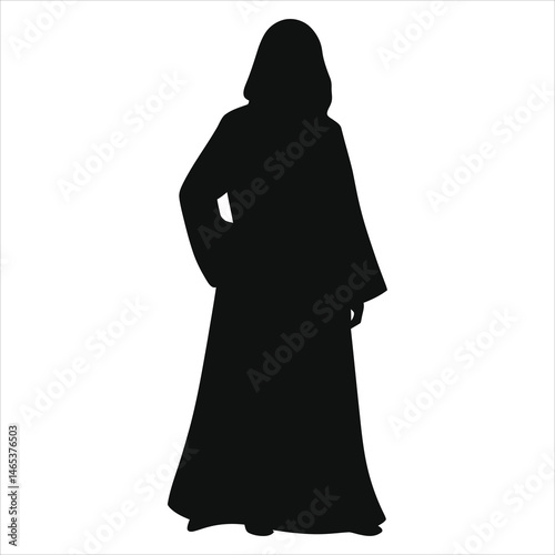 Vector Silhouette of a Woman in Traditional (Abaya) Clothing/A simple, elegant silhouette of a woman wearing a traditional garment, likely a hijab or abaya.