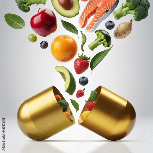A professional food photography composition showing a large gold-colored pharmaceutical capsule split in half at the bottom, with the contents of fresh produce flowing upward in a dramatic pour effect
