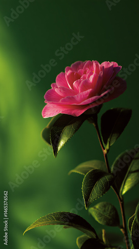 Wallpaper Mural Single pink camellia bloom set against a vivacious green backdrop, embodying impertinence Torontodigital.ca