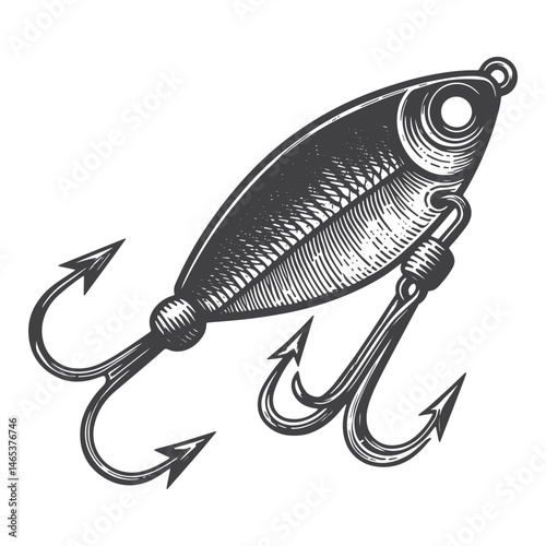 Vintage Hand-Drawn Fishing Lure with Treble Hooks Illustration – Angler Gear Engraved Style Vector for T-Shirts, Posters, Stickers, and Outdoor Fishing Themes Apparel