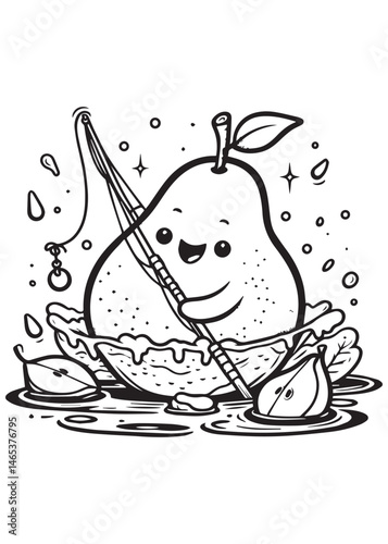 Coloring book pear fishing from a juicy pear boat in a sugary sea.