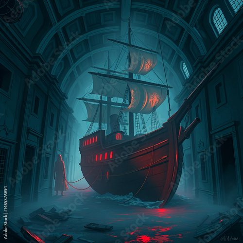 Eerie glimpses inside the legendary flying dutchman ghost ship reveal abandoned corridors and ethereal specters, a testament to its cursed voyage. . Cursed Testament. Illustration