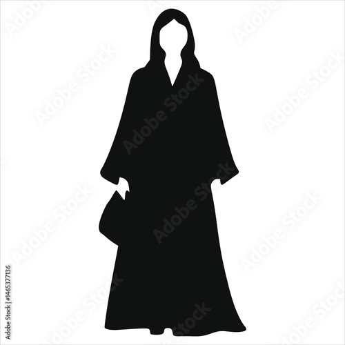Vector Silhouette of a Woman in a Traditional Abaya/A simple, elegant silhouette of a woman wearing a traditional abaya, a long, loose-fitting garment common in some Middle Eastern and North African c