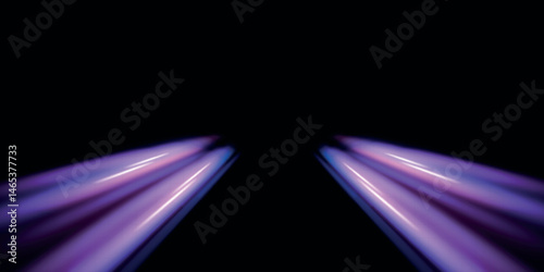 Neon stripes in the form of drill, turns and swirl. Illustration of high speed concept. Image of speed motion on the road. Abstract background in blue and purple neon glow colors.