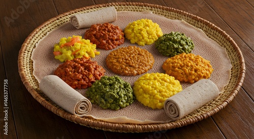 Authentic ethiopian food platter injera and assorted stews vegetarian vegan healthy cuisine delicious