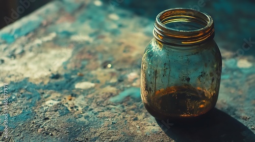 Dusty glass jar on a painted work surface.