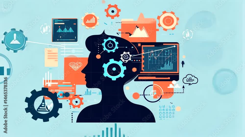 Abstract representation of human intellect with gears and data analytics in a digital environment Abstract representation of human intellect with gears and data analytics in a digital environment