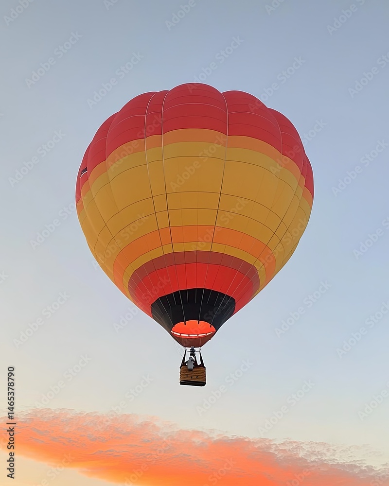 Naklejka premium A vibrant hot air balloon with red, orange, and yellow stripes floats gracefully against a pastel sky at sunset, creating a picturesque scene ideal for travel and adventure themes