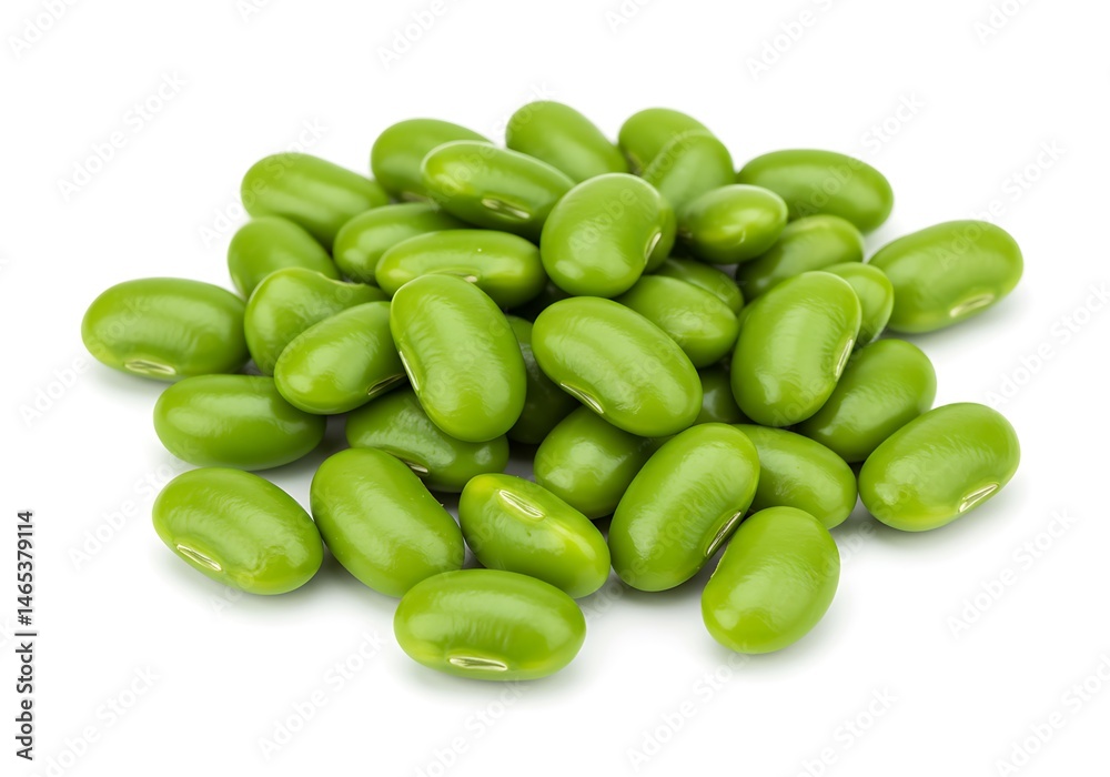 A close up shot of a pile of fresh green edamame beans on a plain white surface in bright studio light A close up shot of a pile of fresh green edamame beans on a plain white surface in bright studio light