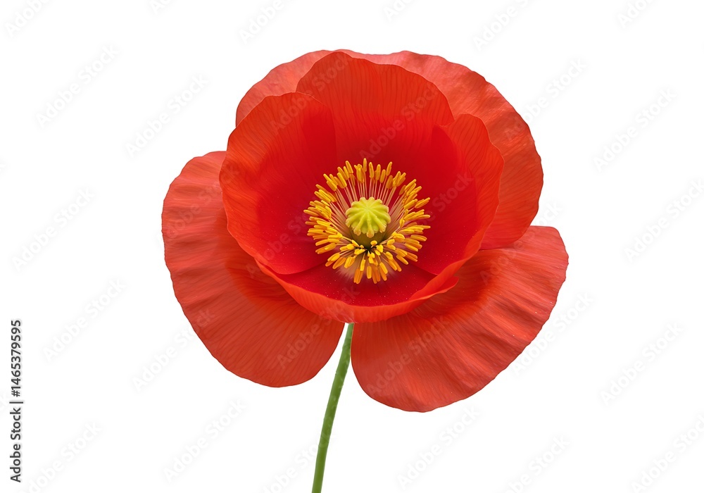 Obraz premium Close up of a red poppy flower with yellow center and green stem on a white background image view