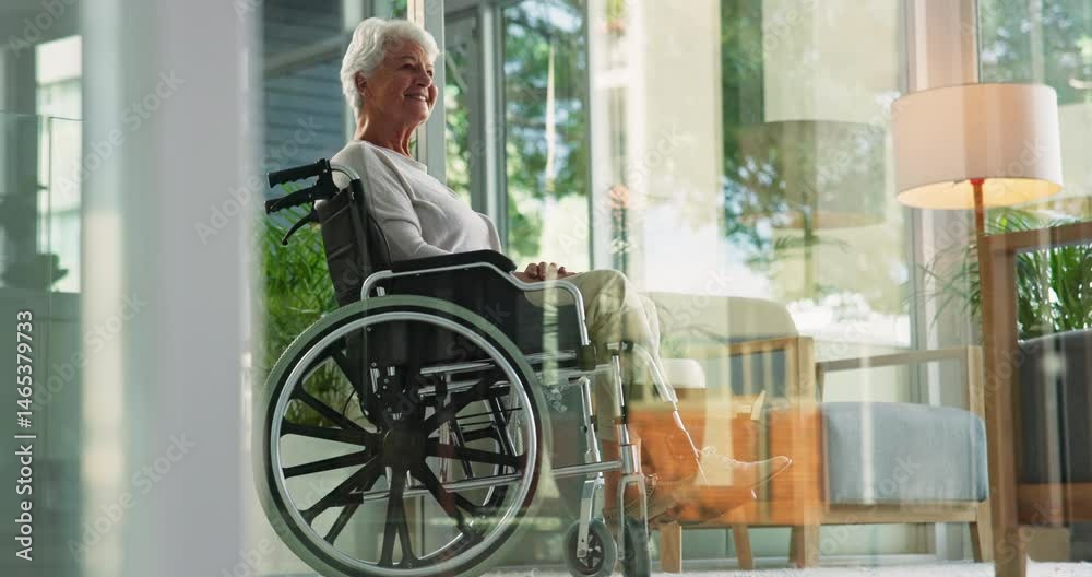 Thinking, smile and senior woman in wheelchair with hope for recovery, rehabilitation or nostalgia. Thoughts, elderly or person with disability in nursing home for memory, remember past or retirement Thinking, smile and senior woman in wheelchair with hope for recovery, rehabilitation or nostalgia. Thoughts, elderly or person with disability in nursing home for memory, remember past or retirement