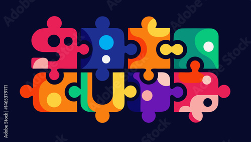 Colorful puzzle pieces interlock symbolizing teamwork collaboration and unity Vibrant design dark
