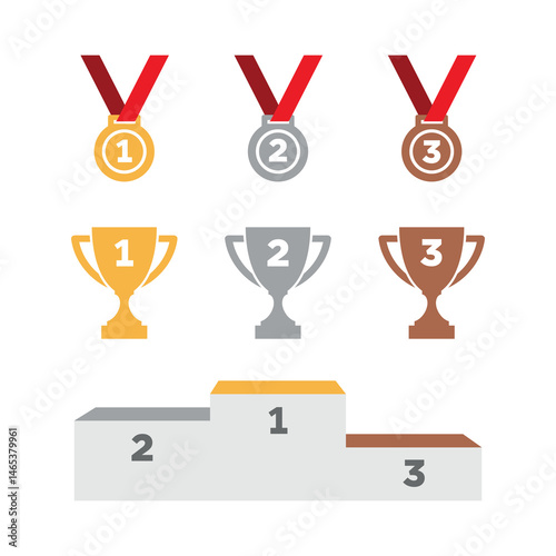 Set of icons cup, medals and pedestal, award for the winner. Attribute of a sports competition or championship. Symbol of victory, result and awarding of participants.