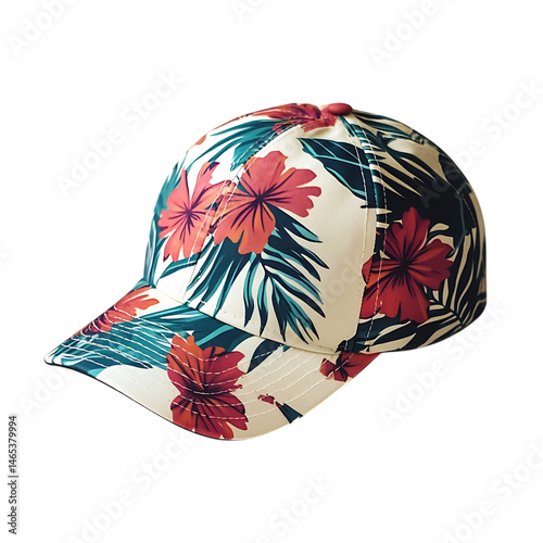 Floral Baseball Cap with Hibiscus and Tropical Leaves on Transparent Background