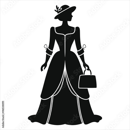 Elegant Lady in (Edwardian gown) Vintage Gown Vector Silhouette with Handbag/A sophisticated silhouette of a woman in a vintage-style gown and hat, holding a handbag.